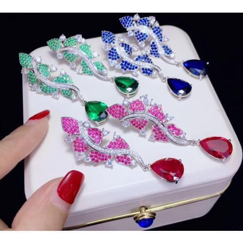 925 sterling silver with cubic zircon leaf dangle earring fine women jewelry green blue rose red color free shipping