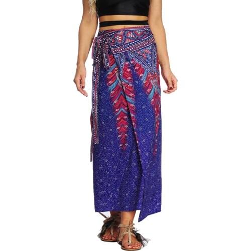 Bohemian Maxi Long Skirt For Women, Boho Print Wrap Hippie Skirt Cover up Asymmetrical Beach Skirt