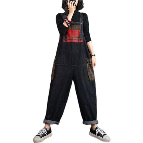 2020 New Fashion Denim Strap Pants Women Autumn Winter High waist Rompers Black Loose Jeans Patch Wild Plus Size Overalls KW155