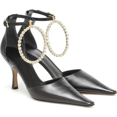 Crystal Ring Fringe Women Leather Pumps Luxury Designer High Heels Ladies Wedding Mary Janes Shoes Buckle Pointed Toe Sandals