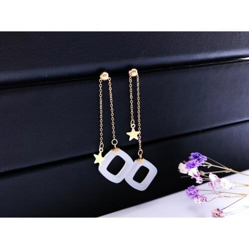 SHILOVEM 18k yellow gold real Natural white Jasper drop earring classic fine Jewelry women wedding gift new 12mm yze121299hby