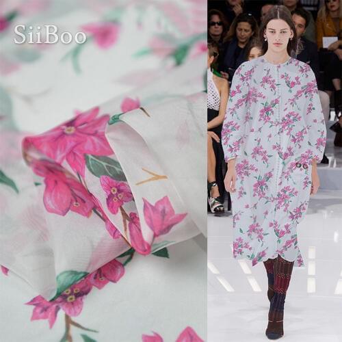 Siiboo french romantic style natural silk cotton blend floral print fabric for women dress Tela de seda sp6197