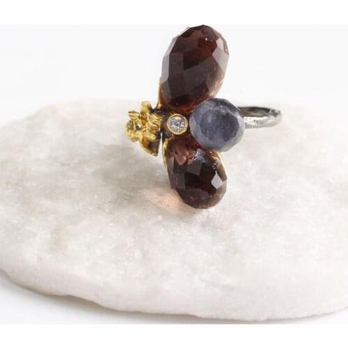 Two Sultanite and Blue Zircon Womens Gold Plated Silver Ring, Woman 925 Silver Sultanite Handmade Ring, Colorful Oval ring