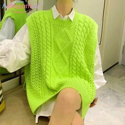 Aelegantmis 5 Color Twist O Neck Knitted Vest Women Oversized Korean Vintage Waistcoat Female Sleeveless Coat Outwear Jumper