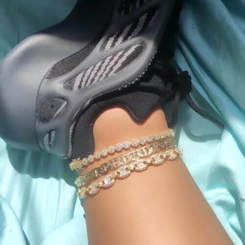 Gold Silver Color Iced Out Zircon Coffee Bean Link Anklet 8MM Punk 5A CZ Bubble Chain Bling Anklet Hip hop Fashion Women Jewelry