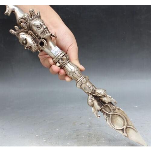 15" Tibet Buddhism Silver Mahakala Buddha 3 Head Horse Dagger Holder Statue