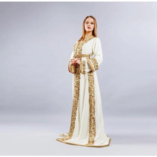 White Moroccan Caftan Evening Dress V-Neck Floor Length A-Line Dubai Muslim Summer Dress Saudi Arabia Special Occasion Prom Gown