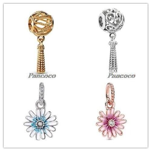 925 Sterling Silver Charm Pink Daisy Flower Dangle Charm Bead Fit Women Pandora Bracelet & Necklace Jewelry