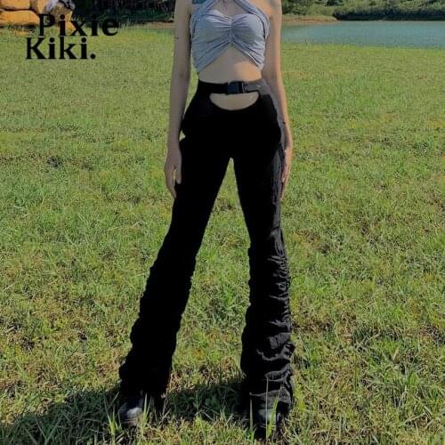 PixieKiki Cyber Ghetto Black Extra Long Pants Streetwear Y2k Punk Bottoms 90s Grunge Clothes Hollow Out Stacked Trousers P84DE41