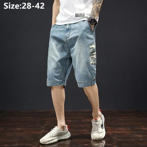 Denim Shorts Summer Men Casual Loose Plus Size 42 40 38 Knee Length Fit Boy Teenager Jeans Male Stretched Big Half Trousers
