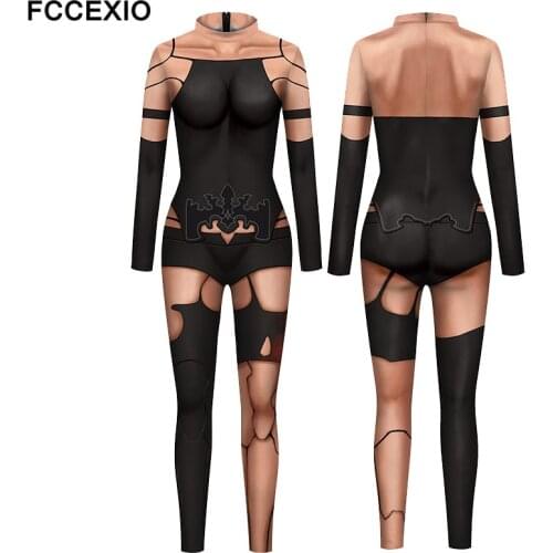 FCCEXIO Royal Sister Game Wind Print Sexy Bodysuits Women Plus Size Long Sleeve Cosplay New Party Black Silk Stockings Jumpsuits