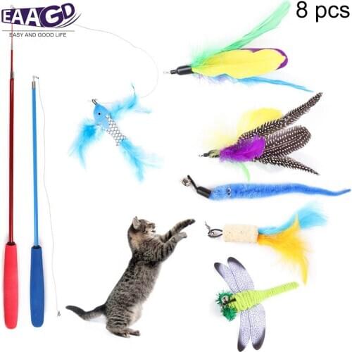 8Pcs/Set Feather Teaser Toy for Cat Kitten Wand Toy Adjustable Fishing Rod Interactive Feather Toy cat toy cat plush