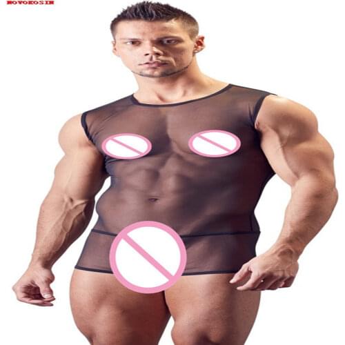 KH60 Summer Style 2018 Fashion Tulle Net Bodysuit Men Sexy Lingerie Fitness Night Club Sleeveless See Through Underwear Teddies