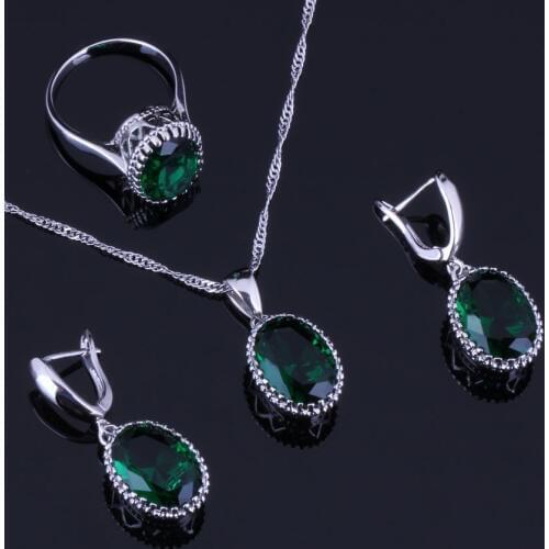 Pretty Big Oval Green Cubic Zirconia Silver Plated Jewelry Sets Earrings Pendant Chain Ring V0262