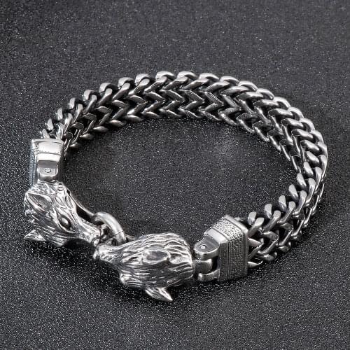 HaoYi 316L 220MM Stainless Steel Double Wolf Head Punk Rock Stainless Steel Bracelets For Men
