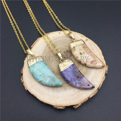 MY0938 Flat Horn Tusk Charm Dye Agates Pendant Point Necklace With Gold Chain,Multi Colors For Option kolye