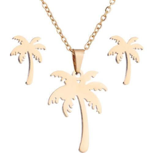 Oly2u Stainless Steel Coconut Tree Jewelry Set Minimalist No Rust Plant Jewelry 2019 Summer Hawaiian Holiday Beach Dress
