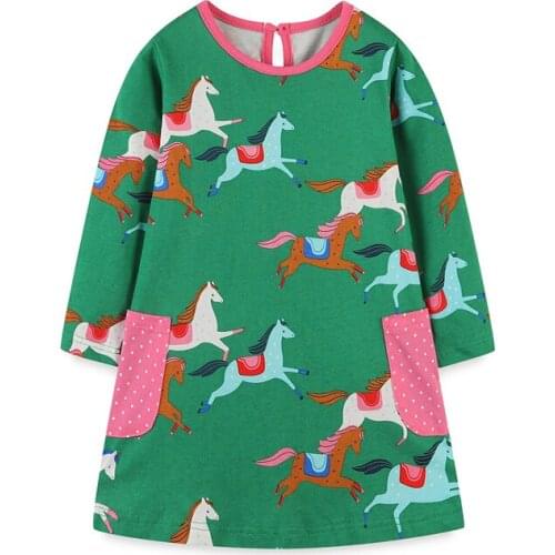 Little Girls Dresses Unicorn Print Autumn 2021 Cotton Pocket Dress Children Long Sleeve Clothes Kids Party Dress