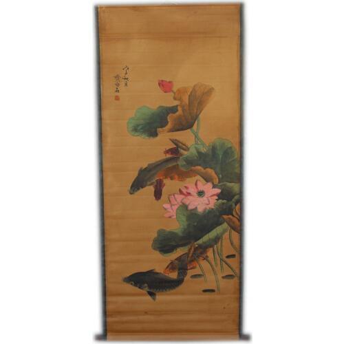Rare Hand-painted QingDyansty Chinese vertical axis paintings,Fish swimming lotus pond,hand drawn, free shipping