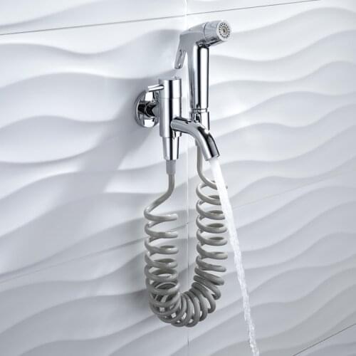 Chrome Silver Sprayer Hand Hold Shattaf Bidet Shower Tap Faucet with Spout 1.5m Hose Bracket for Garden Toilet Washroom