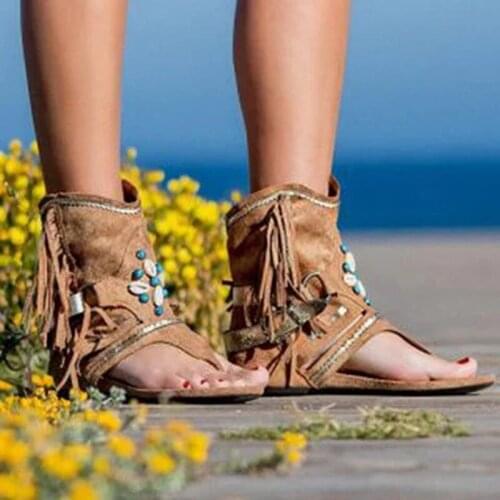 Sandals Retro WomenSolid Flock Beach Casual Sandals Women Summer Flip Flop Sandals Fringe Flower Wedges Shoes 2021