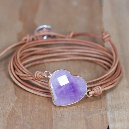 Chic Purple Facted Amethyst Heart Charm Leather Wrap Bracelet For Women Vintage Jewelry Friendship Gift Wholesale Dropshipping