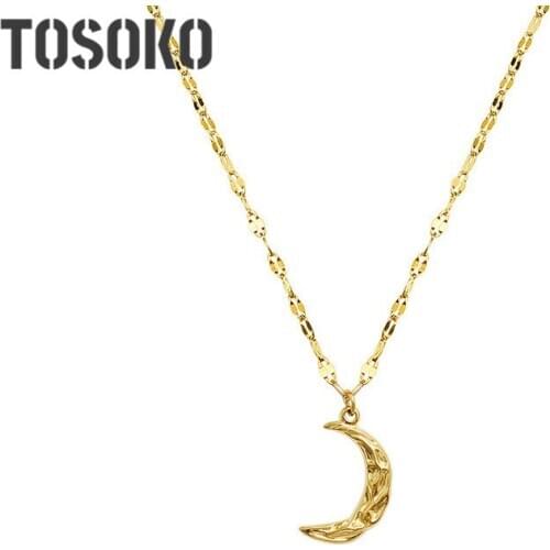 TOSOKO Stainless Steel Jewelry Pleated Moon Crescent Necklace Womens Fashion Clavicle Chain BSP756