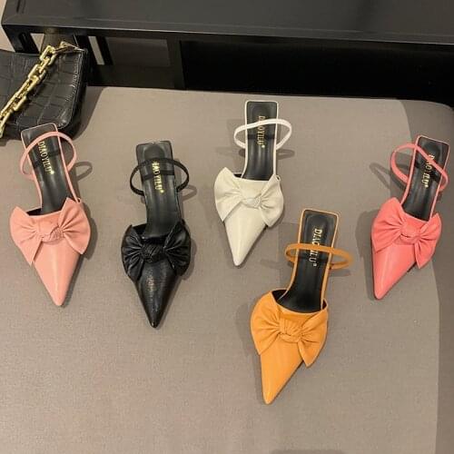 2021 Fashion Slingback Sandals Women Thin Low Heel Pumps Shoes Ladies Pink Orange Elegant Bow-knot Mules Pointed Toe Office Shoe