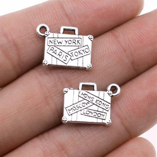 WYSIWYG 10pcs 15x13mm Charms Travel Bags New York Paris Tokyo Antique Silver Color Trunk Pendants Making DIY Jewelry