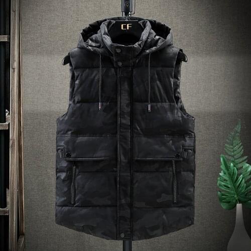 5XL Spring Winter Warm Hat Detachable Men Vest Sleeveless Casual Camouflage Jacket Coat for Men Unisex Waistcoat Plus Large Size