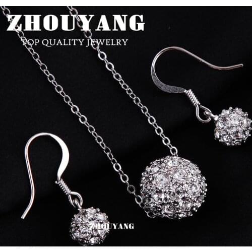 ZHOUYANG Top Quality White Ball Silver Color Jewelry Necklace Earrings Set Rhinestone Made with Austrian Crystals ZYS294