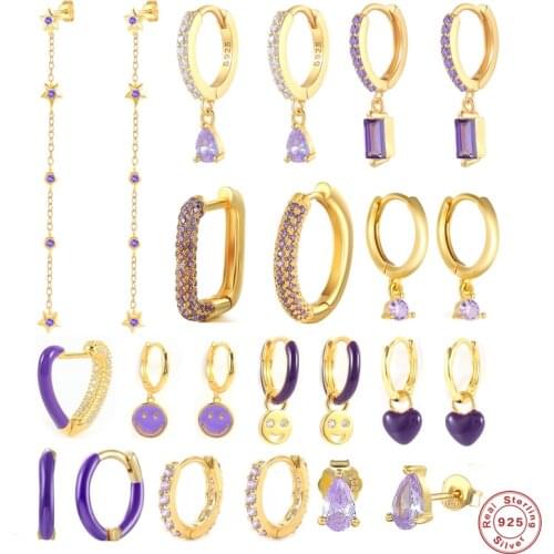 GS 925 Sterling Silver Dainty Purple Zircon Series Hoop Earrings For Women 2021 Trend Enamel Heart Pendant Earrings Pendiente