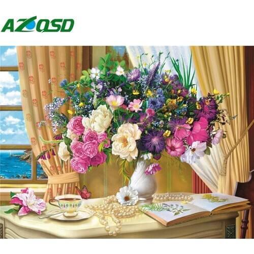 AZQSD Diamond Painting Flower Cross Stitch Diamond Embroidery Floral Mosaic Handmade Full Square/Round Drill Rhinestones Gift