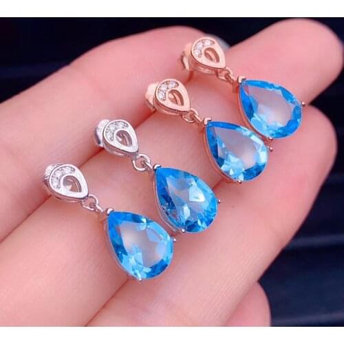 USPS Shipping 925 Sterling Silver Pear Cut Natural Blue Topaz Teardrop Stud Dangle Earrings, 7*10mm,Tested Gemstone FR283