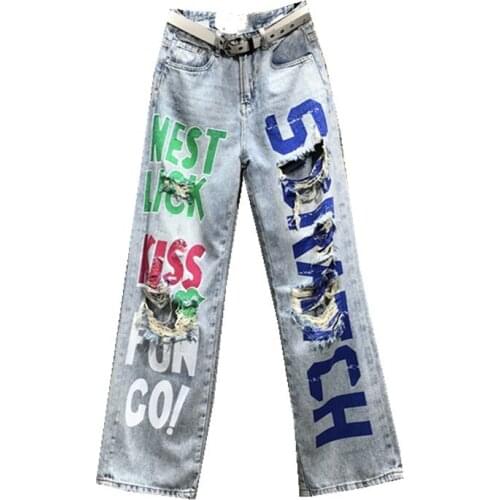 Hip Hop Thin Jeans Women Spring Summer Hole Ripped Straight Wide Leg Trousers Fashion High Waist Letter Print Pants Female S-XL
