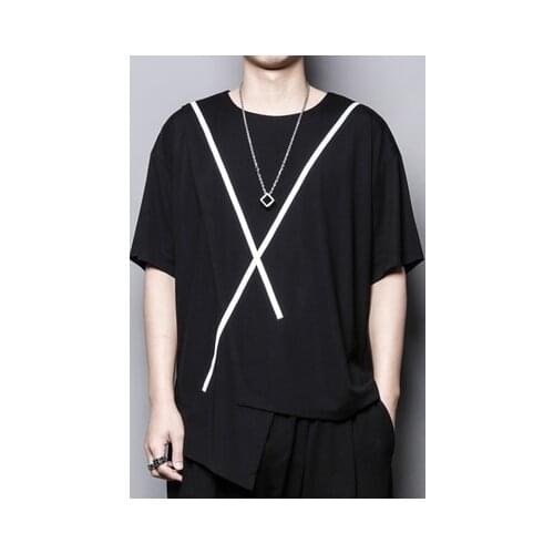 Summer dark series loose small Volkswagen line stitching individuality medium-length asymmetrical design feeling t-shirt mens