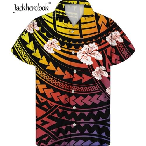 Jackherelook Gradient Samoa Tribal Hibiscus Plumeria Print Plus Size Hawaiian Mens Shirts Polynesian Tattoo Floral Style Tops