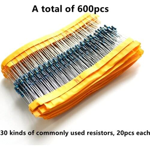 600pcs 1/4W five-color ring resistance 1% precision metal film resistance package 30 common resistance values 20 each