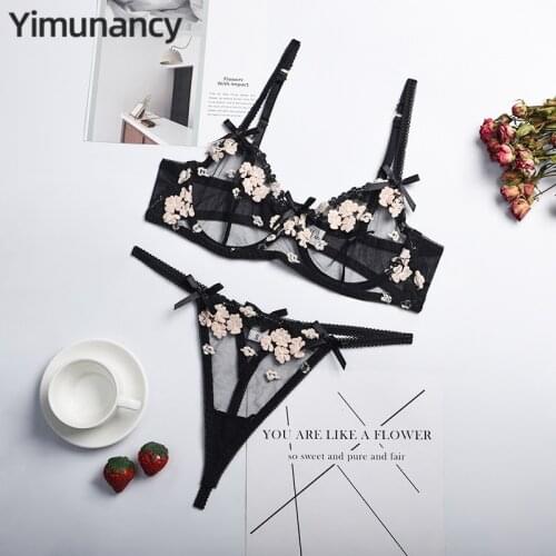 2-piece Floral Embroidery Bra Set Women Transparent Bra + Thong Sexy Underwear Set Ladies Fashion Lingerie Set