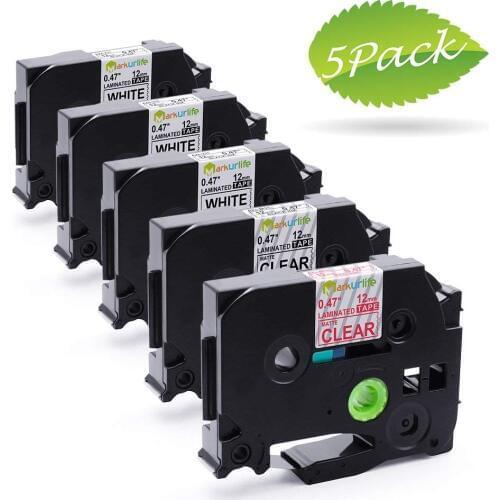 Label Tape,5-Pack (3 Black on White/Black on Matt Clear/Red on Matt Clear) P Touch Label Tape Compatible for Brother Ptouch 12mm