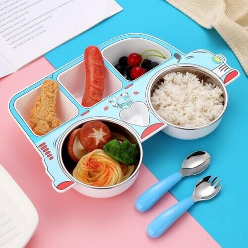 Stainless Steel Baby Feeding Bowl Children Tableware Set Cute Cartoon Car Shape Dishes Plate with Spoon Fork for Eating Training