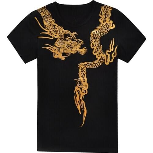 Fashion Mens Short Sleeve Dragon Print Black T-shirt Cotton O-neck Top Slim Fit B55