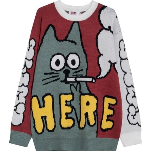 SEVEYFAN 2021 Men Sweater Cartoon Funny Cat Print Pullover Sweaters Men Soft Slim Casual High Street Fashion Autumn Streetwear