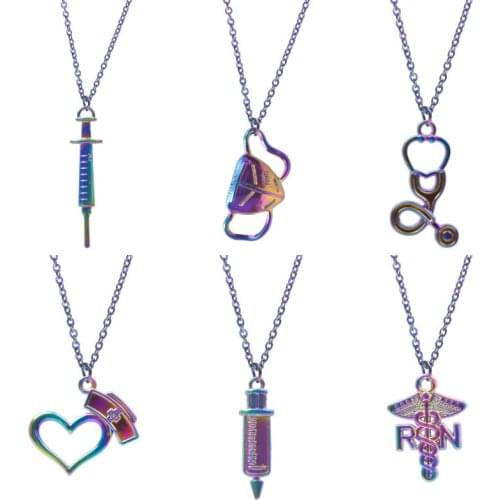 Classic Medical Stethoscope Syringe Charms Necklaces Nurse Hat RN Chain Choker For Hospital Doctor Visiting Patient Gift Jewelry
