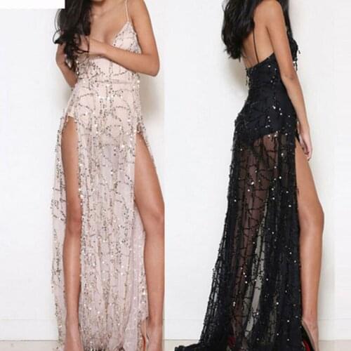 Women 'S Dress New Black Chinese Sequined V -Neck Sexy Halter Mop Long Dress Sling Large Swing Large Size Female Dinner Dress