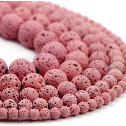 Rose Pink Rubber Paint Lava Natural Stone Spacers 4/6/8/10/12MM Round Loose Beads For DIY Jewelry Making Bracelet Accessories