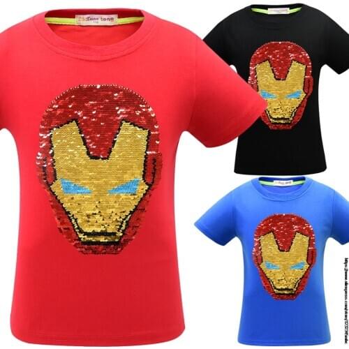 Superhero Avengers Summer Child Tops Kids Clothes Cotton T Shirts Boys Short Sleeve Double sided sequins T-Shirts Tops Costume