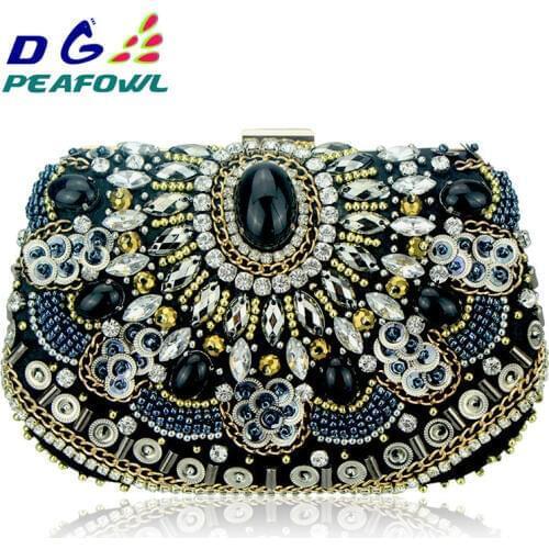 Vintage Embroidery Women Handbags Beaded Chain Accessory Metal Day Clutches Party Wedding Evening Bags One Side Diamonds Purse