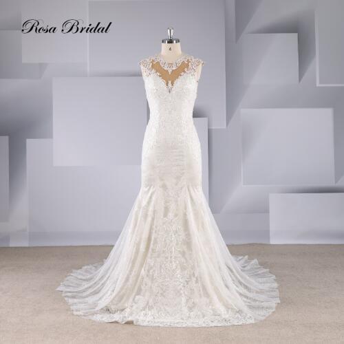 Rosabridal Mermaid Wedding Dress China Online Sale Women beaidng on round collar and shoulder Lace Appliques Bridal Gown