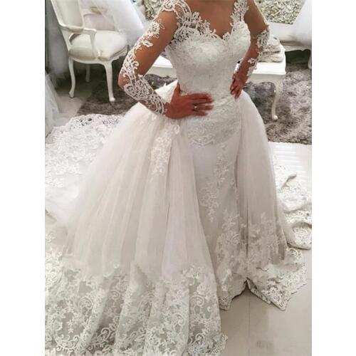 Vintage Appliques Long Sleeve Detachable Train Wedding Dress 2019 Wedding Gowns Buttons Backless Bridal Dress robe de mariee